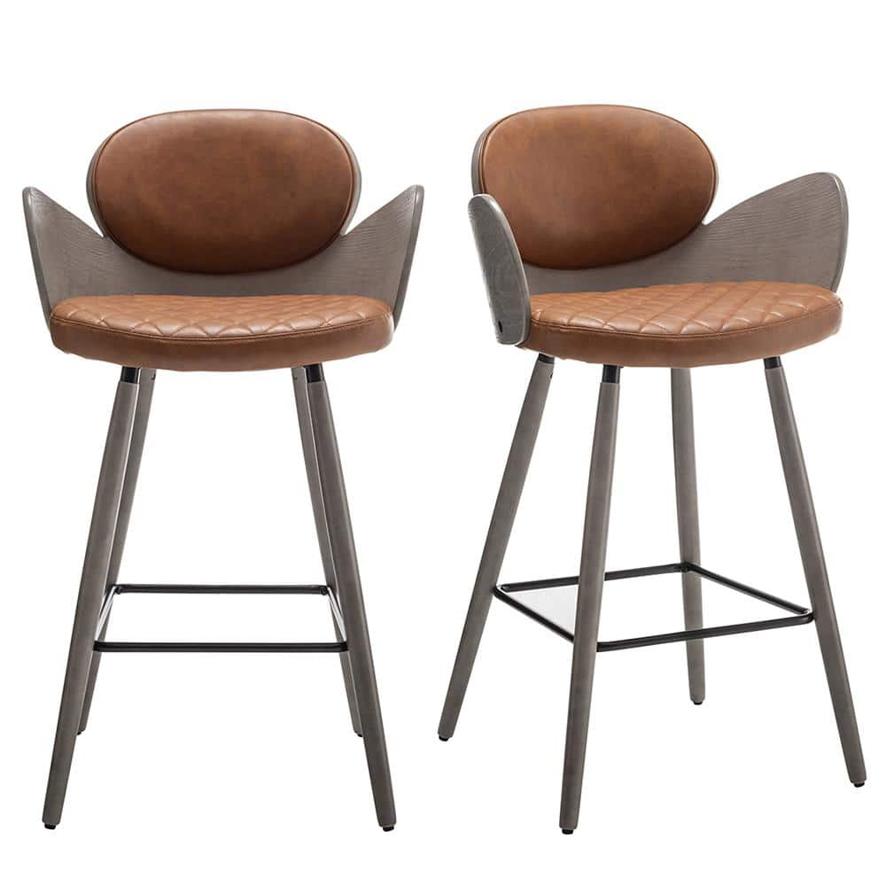 Art Leon Iva Seat Height 27.56 In. Brown Faux Leather Barstools With 4 ...