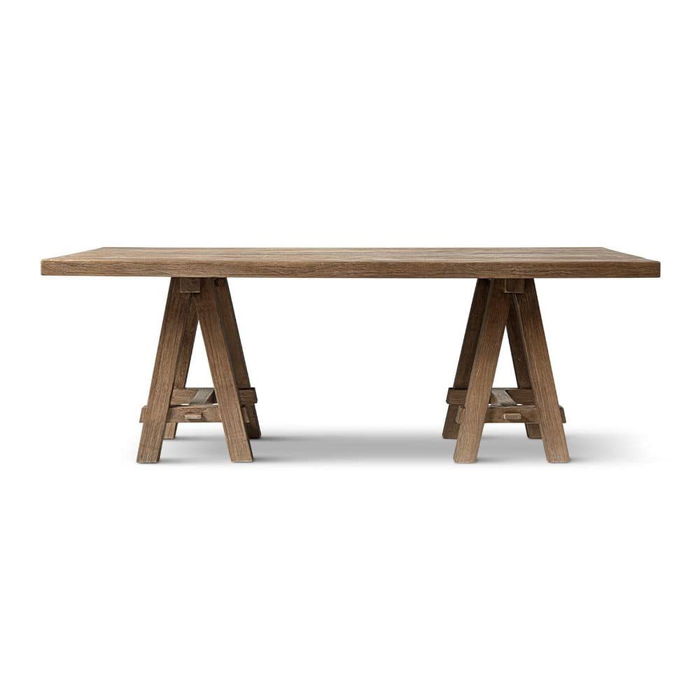 Hawthorne Heritage Medium-Dark Brown Solid Reclaimed Elm Wood 84 in. Trestle Double Pedestal Dining Table Seats 8