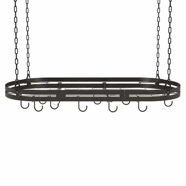 Black Wall Mounted Pot Rack with 2-Tier Wire Shelves, 6 Lid Holders, 10 Hooks and Towel Bar for Cookware Storage