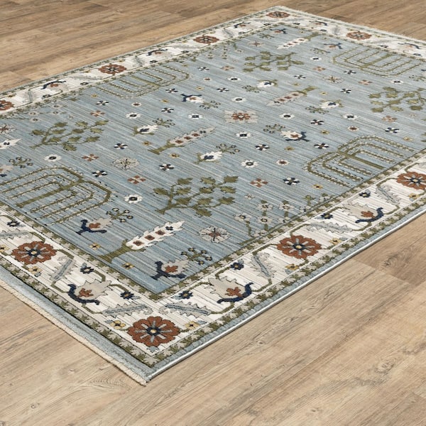 Key Blue/Green 8 ft. x 11 ft. Traditional Oriental Floral Polyester Fringed-Edge Indoor Area Rug