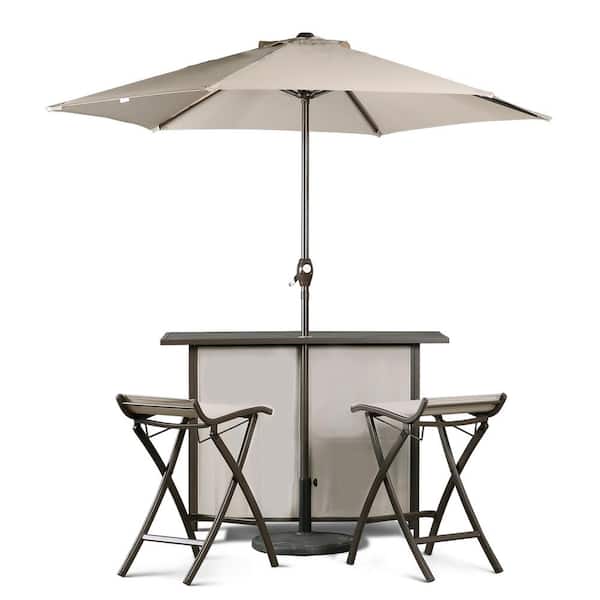 Aoodor Metal 5-Piece Outdoor Patio Bar Set with 2 Folding Bar Stools and Umbrella with Stand
