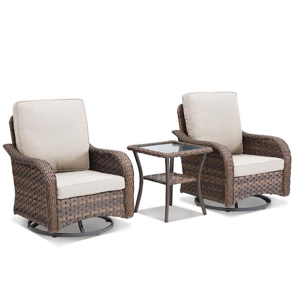 3-Piece Patio Wicker Outdoor Rocking Chair with 360° Arbitrary Rotation, Equipped with a table and Beige Cushions