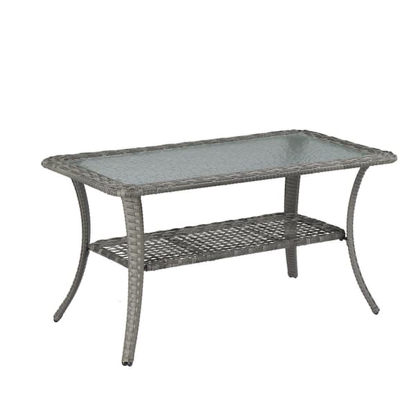 Karl home Gray Rectangular Patio Wicker Coffee Table With Glass Top