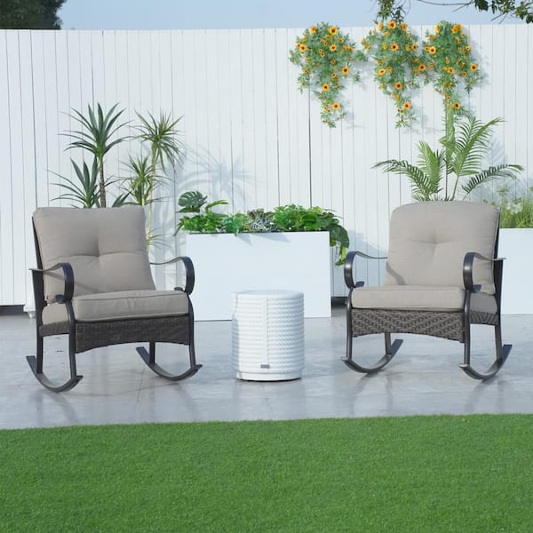 Bella 3-Piece Metal Round Outdoor Bistro Set with White Concrete Side Table, Rocking Chairs and Grey Cushions