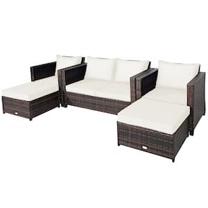 5-Piece Plastic Wicker Outdoor Sectional Set with White Cushions