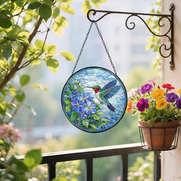 7.8 in. Hummingbird Blue Flowers Stained Glass Window Panel WK2589