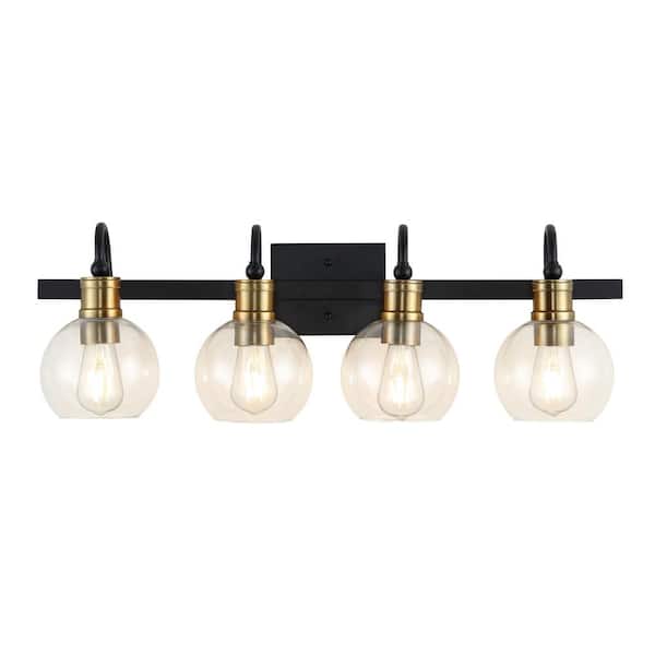 Marais 29.75 in. 4-Light Black/Brass Gold Iron/Glass Rustic Vintage LED Vanity Light