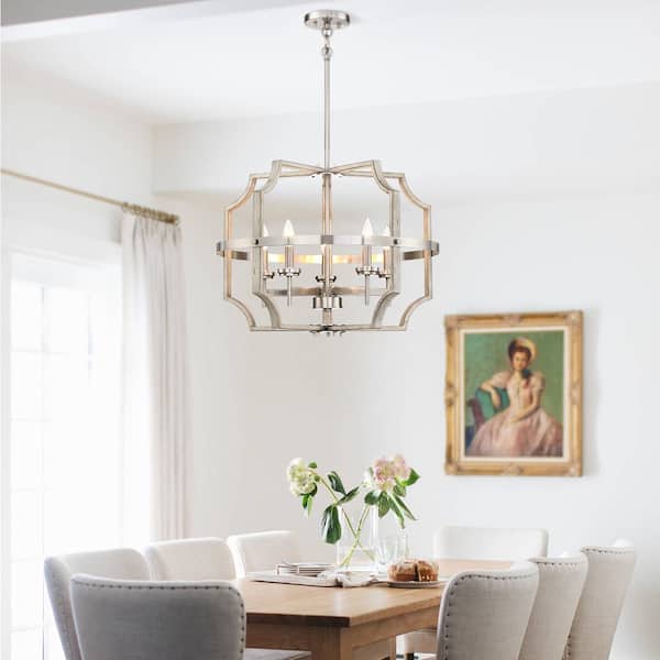 Richwood 5-Light Brushed Nickel/White-Washed Wood Tone Modern Farmhouse Chandelier