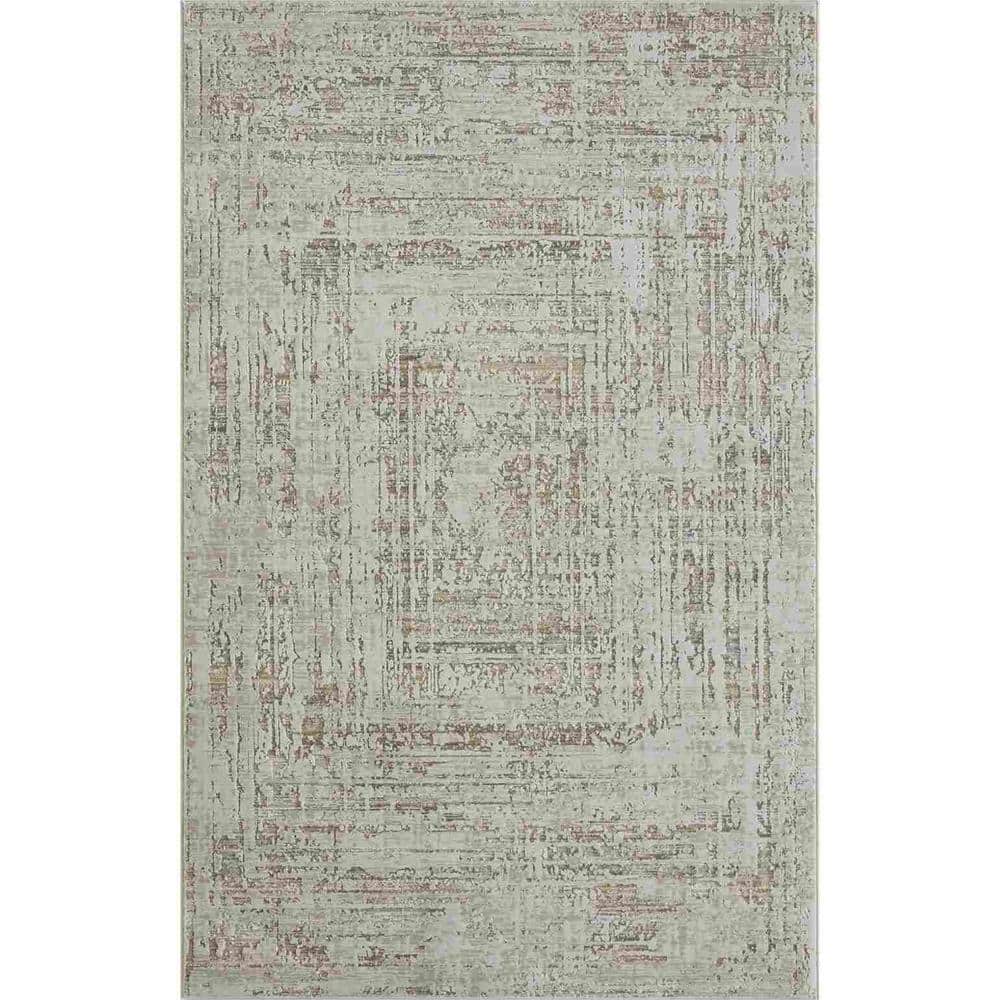 Transitional Distressed Beige/Gray 5 ft. x 8 ft. Bordered High-Low Textured