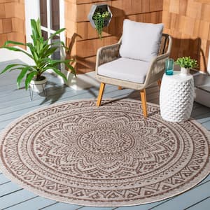 Courtyard Light Beige/Light Brown 8 ft. x 8 ft. Round Medallion Indoor/Outdoor Area Rug