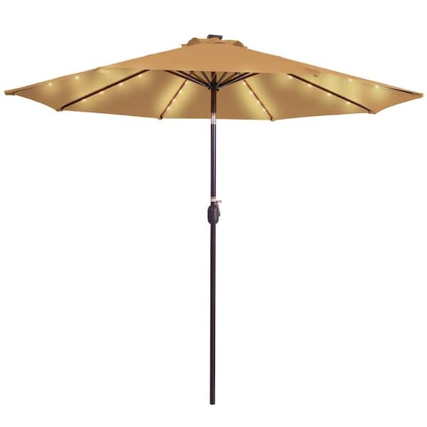 Unbranded 9 ft. Outdoor Lighted Market Patio Umbrella Table Umbrella with Crank and Push Button Till in Tan, Base Not Included