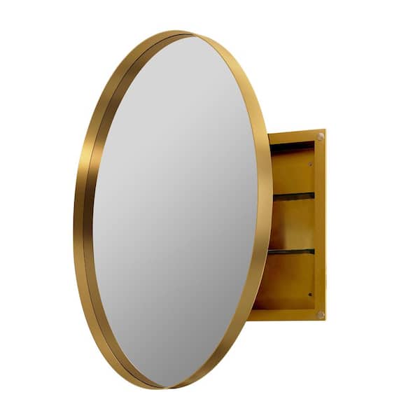 31.5 in. W x 31.5 in. H Round Metal Medicine Cabinet with Mirror, Wall Cabinet with Adjustable Shelves, Gold