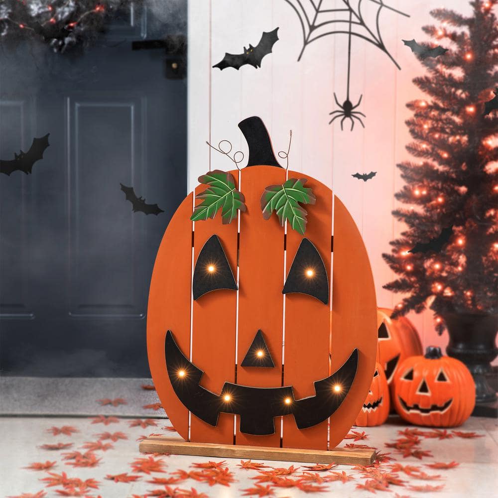 Glitzhome 30 in. H Lighted Wooden Pumpkin Porch Decor