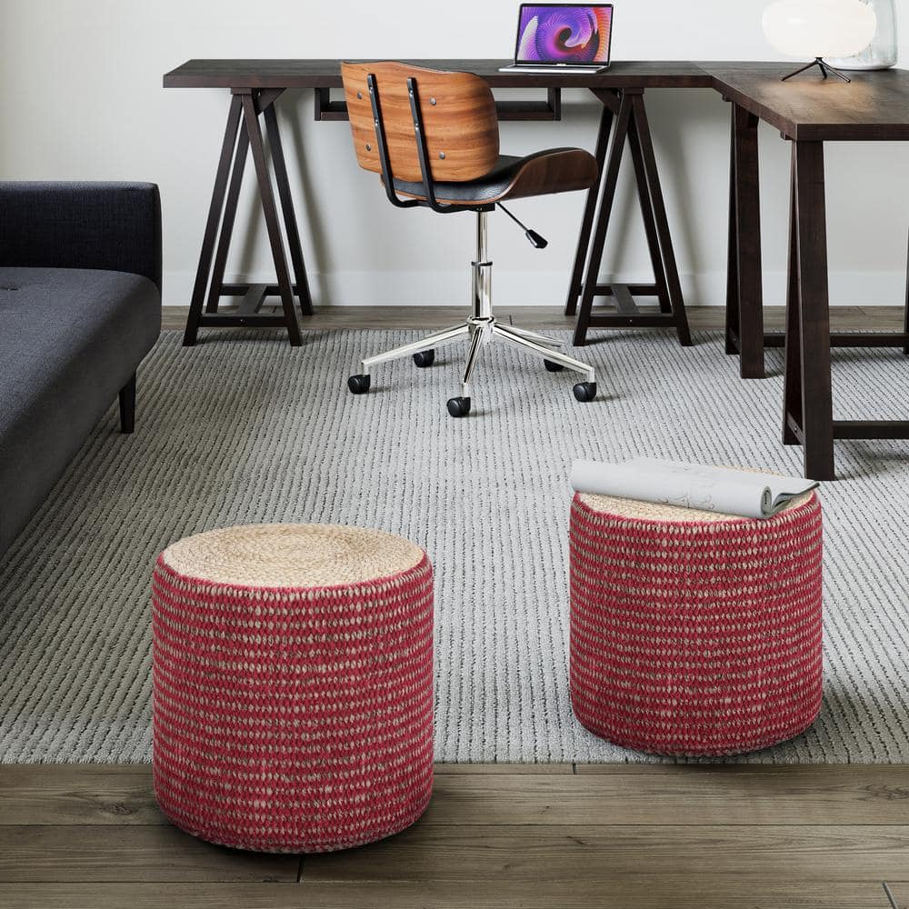Larissa Round Natural and Maroon Jute Pouf