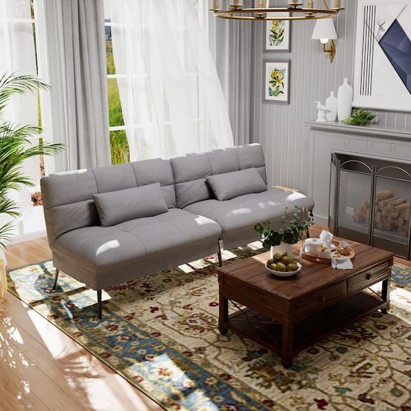 ComHoma Gray Fabric Futon Couch with Adjustable Backrest Convertible Futon Sofa Bed with Metal Legs Convertible Sofa Bed