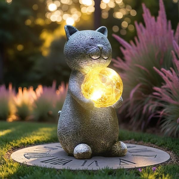 Solar Cat Statue Garden Decor, with Gazing Solar LED Lights Ball Cat Decoration for Garden Yard Patio Lawn Balcony