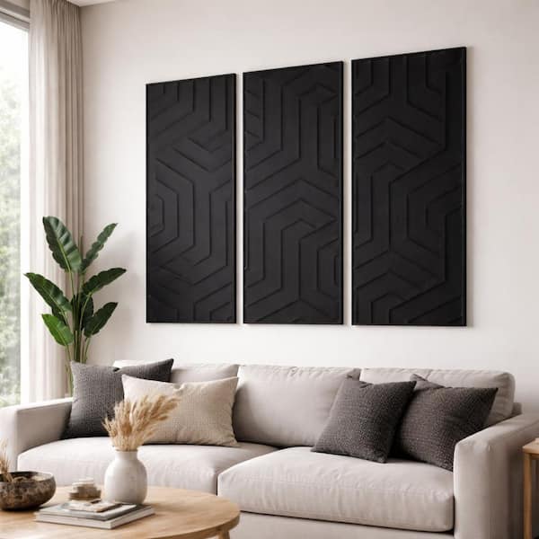3-Piece Black Wood Framed Dimensional Plaster Canvas Wall Art Print 59 in. x 20 in.