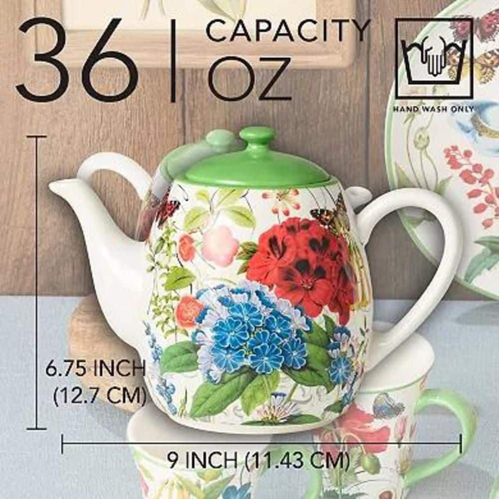 Green and White Ceramic Floral Teapot with Butterfly Accents