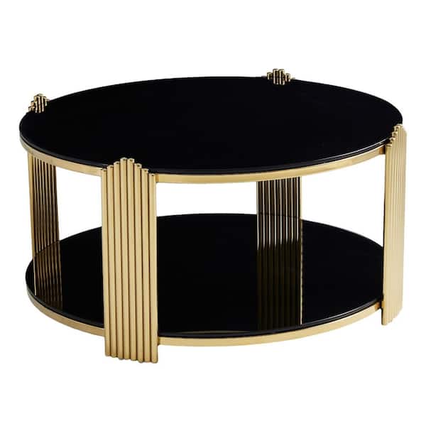 35 in. Black and Gold Round Tempered Glass Coffee Table with Double-Layer Storage Shelf durable construction