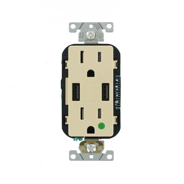 Leviton Decora 15 Amp Hospital Grade Tamper Resistant Duplex Outlet and 3.6 Amp USB Outlet, Ivory T5632-HGI