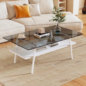 38 in. L Gray Rectangle Tempered Glass Tabletop Coffee Table with White Metal Legs