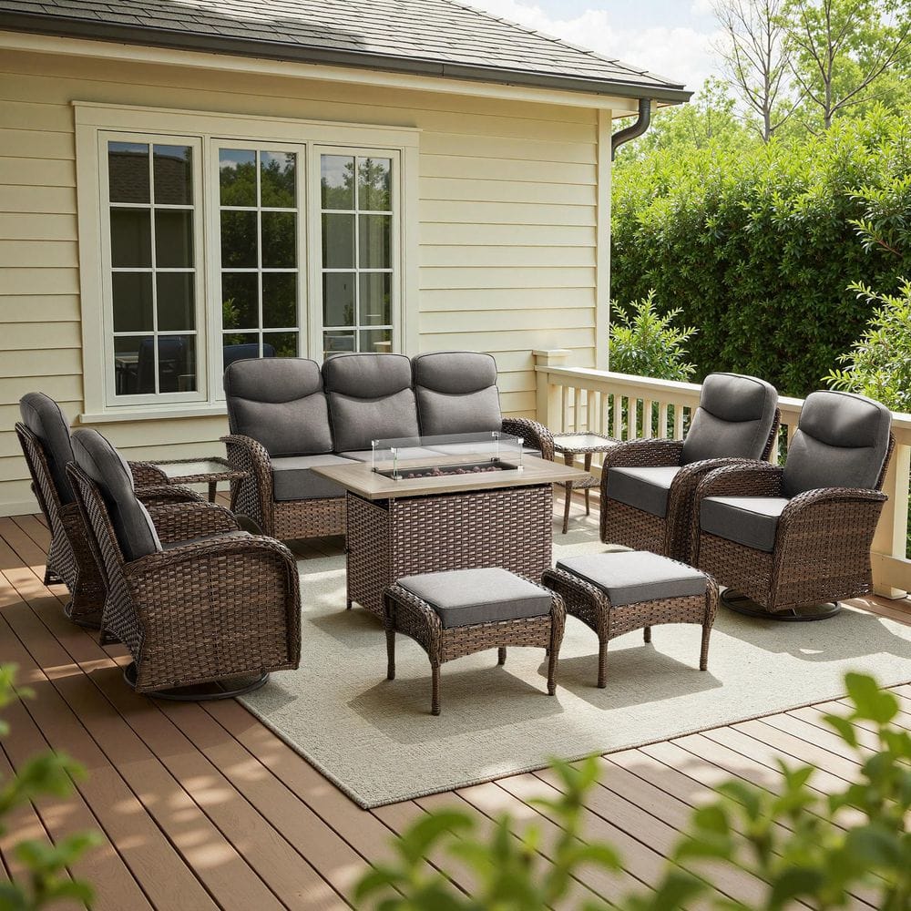 Luna Brown 10-Piece Wicker Outdoor Patio Fire Pit Conversation Set with 6-Inch Olefin Gray Cushions price history on PriceWatchPro