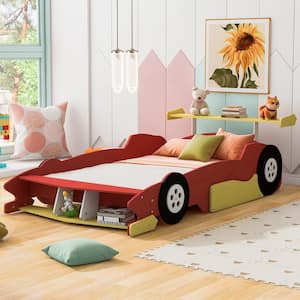 Red Full Size Race Car-Shaped Kids Bed Platform Bed with Wheels and Shelf
