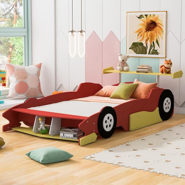 Harper & Bright Designs Red Full Size Race Car-Shaped Kids Bed Platform ...