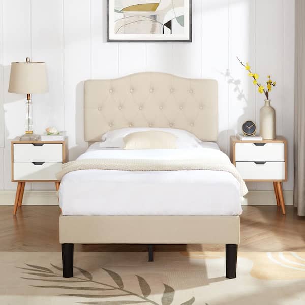 VECELO Bed Frame with Button, Beige Wood Frame Slat Support Easy