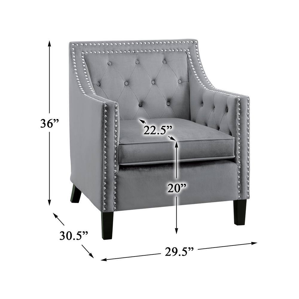 Grazioso Gray Velvet Upholstered Accent Chair with Nailhead Trim
