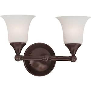 2-Light Indoor Florence Bronze Wall Sconce with Etched White Cased Glass Shades
