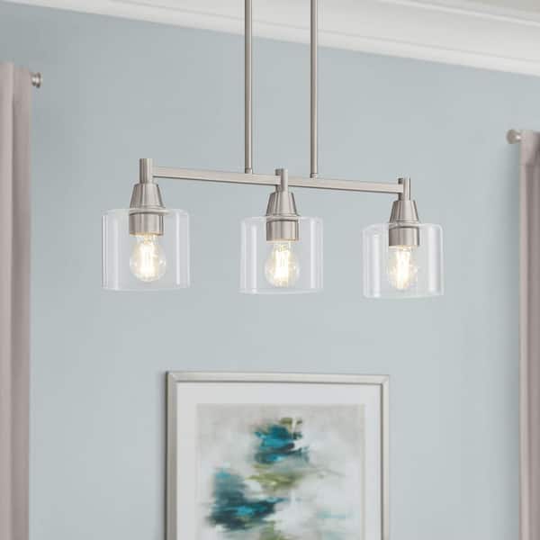 Oron 3-Light Brushed Nickel Linear Island Pendant Hanging Light, Kitchen Lighting with Clear Glass Shades