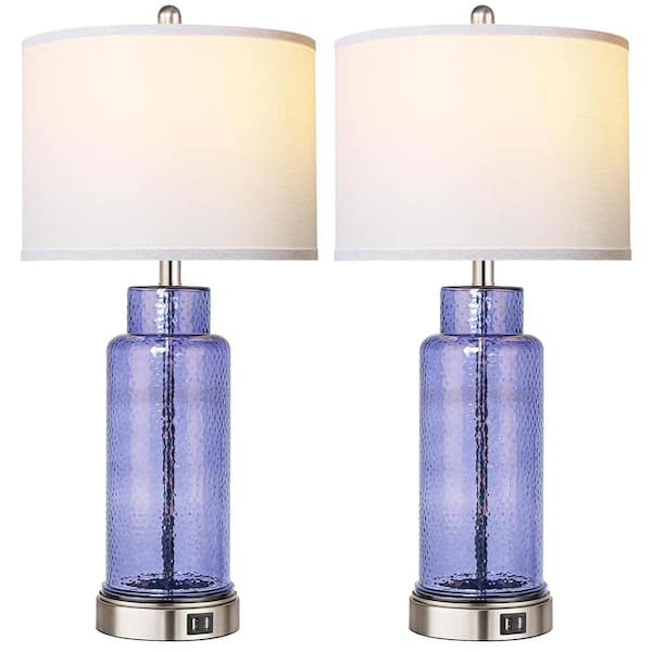Rottogoon 26 in. Dark Blue Touch Control Table Lamps with USB Ports, Glass Bottle lamps with 3-Way Dimmable for living room
