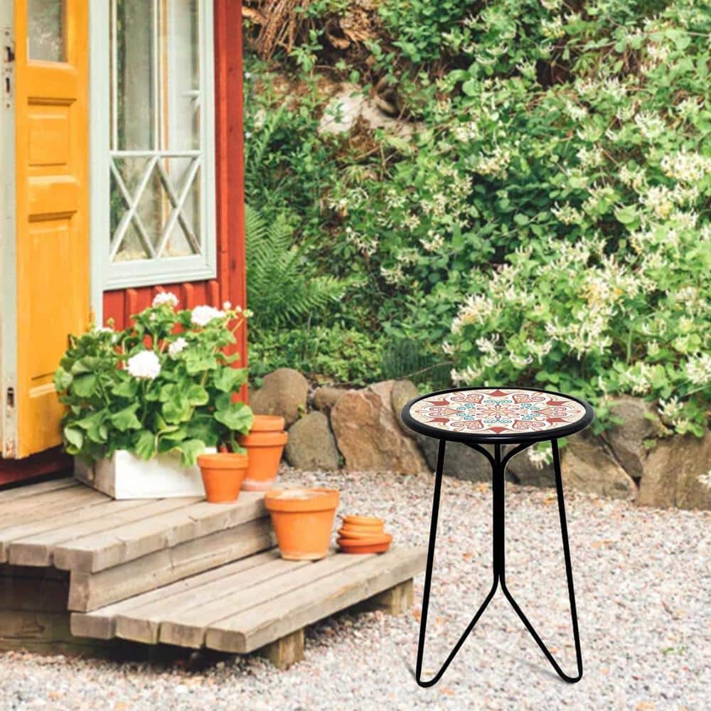 Orange Metal and Glass Round Outdoor End Table