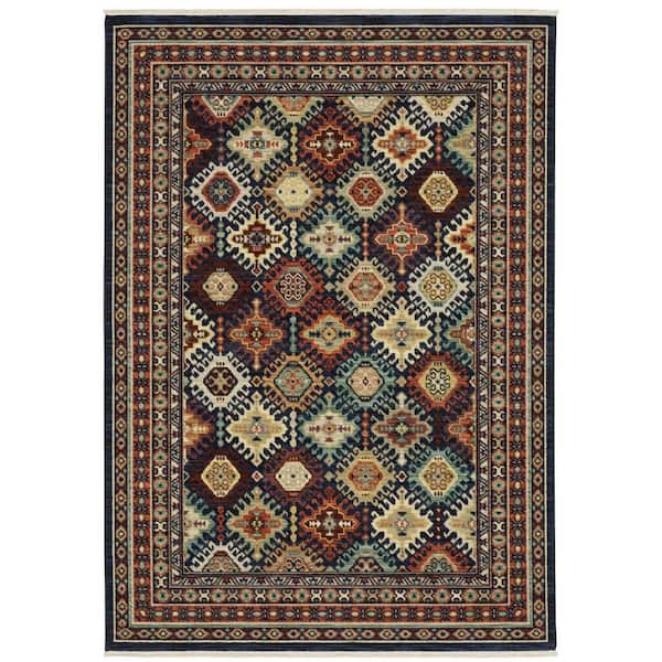 7 X 10 Navy Blue, Red, Orange Oriental Washable Area Rug Runner Rug