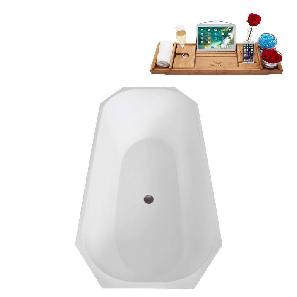 63" Glossy White Acrylic Freestanding Double Slipper Bathtub with Bamboo Tray