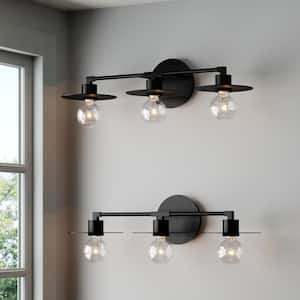 Pattinson 26 in. 3-Lights Bathroom Vanity-Light Fixture with Black Metal Frame and Thin Plate Shade, Set of 2