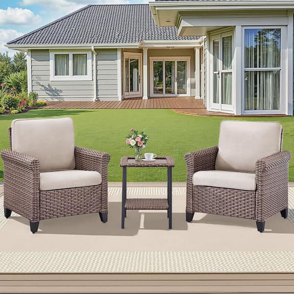 Buenaola Brown 3-Piece Wicker Outdoor Bistro Set with Side Table, Patio Rattan Seating Set with Beige Cushions