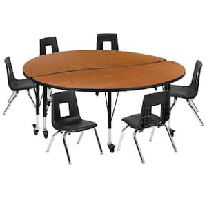 Mobile 60 in. Circle Wave Collaborative Laminate Activity Table Set with 14 in. Student Stack Chairs, Oak/Black