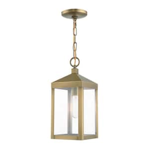 Creekview 14.5 in. 1-Light Antique Brass Dimmable Outdoor Pendant Light with Clear Glass and No Bulbs Included