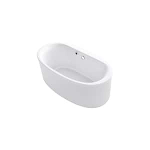 60 in. x 34 in. Acrylic Flatbottom Oval Freestanding Bathtub with Bask Heated Surface and Straight Shroud in White