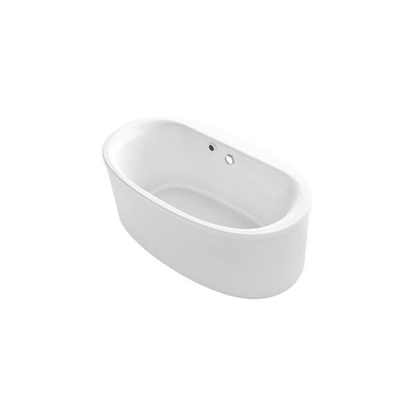 KOHLER 60 in. x 34 in. Acrylic Flatbottom Oval Freestanding Bathtub with Bask Heated Surface and Straight Shroud in White