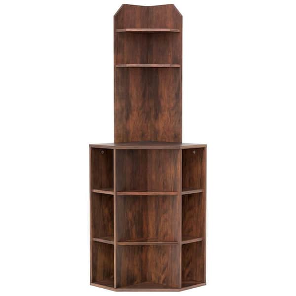 63 in. Tall Brown Wood 6-Shelf Corner Shelf Corner Bookcase with 2 USB Ports and Charging Station