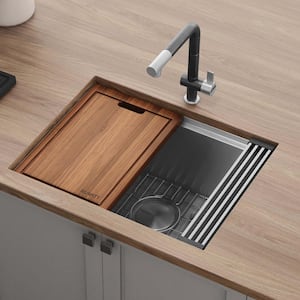24 in. Workstation Rounded Corners Undermount Ledge Kitchen Sink with Accessories