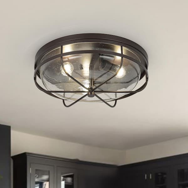 HUOKU Acero 3-Light 16.1 in. W Oil Rubbed Bronze Flush Mount Round Ceiling Light with Seeded Glass for Living Room Hallway