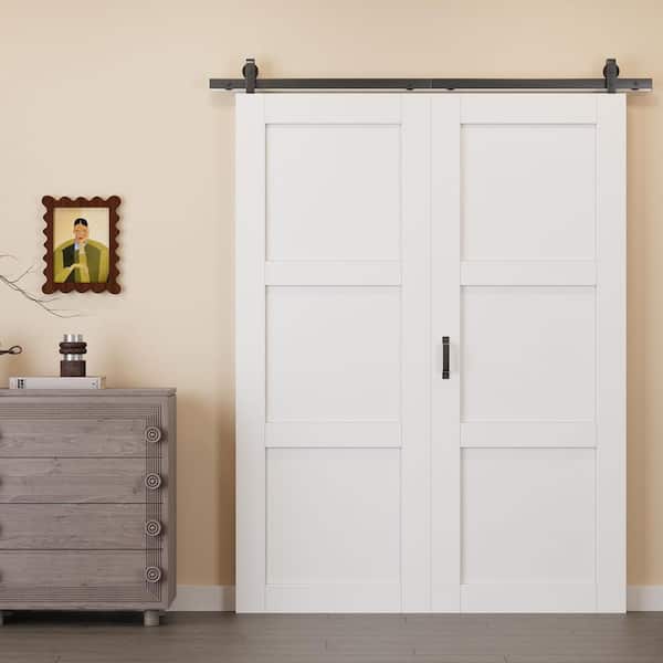 60 in. x 80 in. Paneled 3 Lite White Primed MDF Bifold Sliding Barn Door with Hardware Kit
