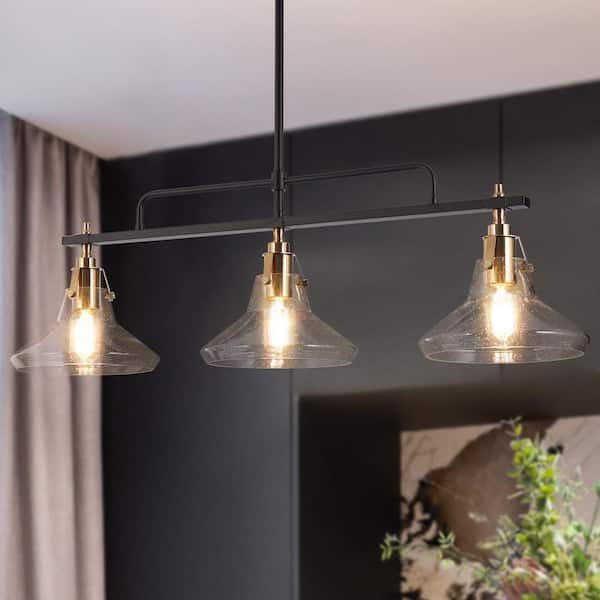 Tencanonia Modern 3-light Black and Brass Island Lamp with Seeded Glass Shade, 33.5 in. Pendant Light for Dining Room