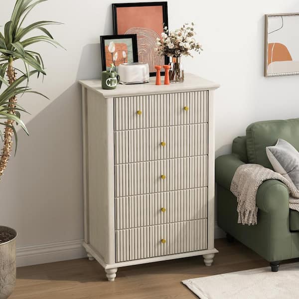 Harmon Modern Beige Fluted 5 drawer 29.53 in. Wide Chest of Drawers with Metal Handles