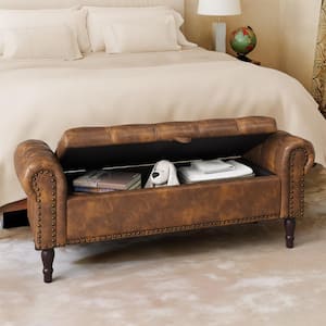 Cerella 50 in.Yellow Brown Faux Leather Upholstered Storage Bedroom Bench Rolled Arm Button Tufted Storage Ottoman