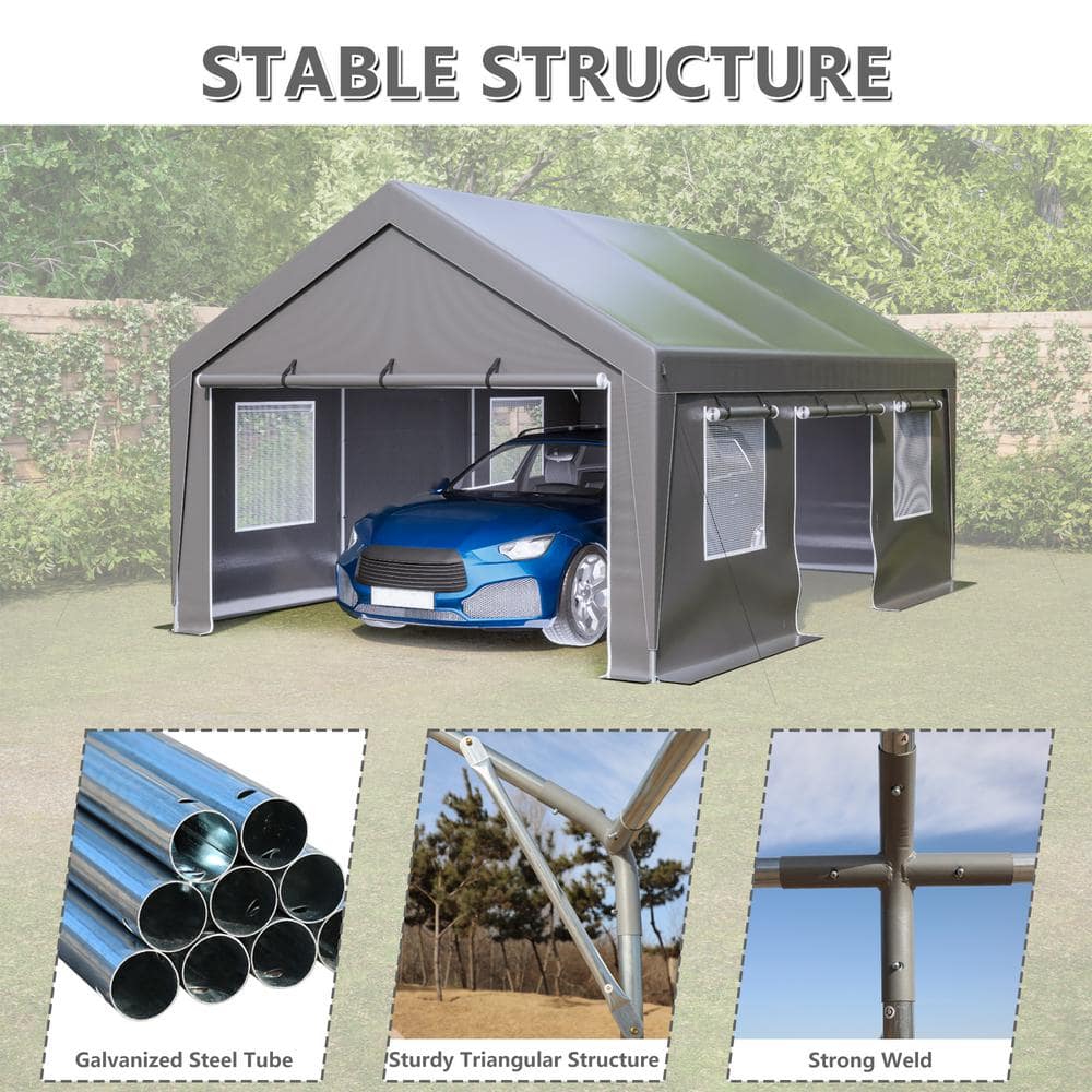 Gray 13' x 20' Metal Frame Carport with Windows